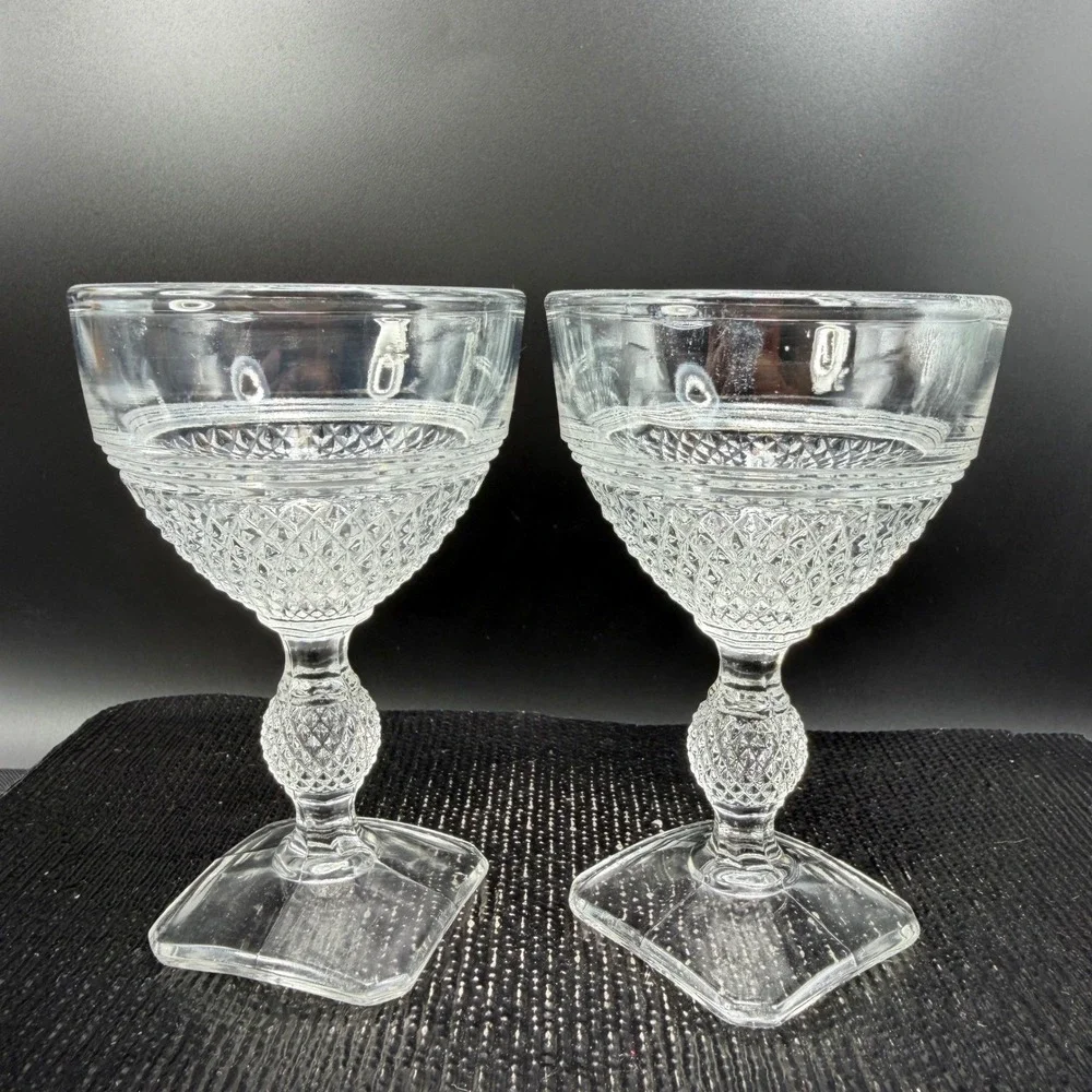 Cambridge‎ MOUNT VERNON Clear Glass Diamond Point Goblets Square Base Set 2 Cups